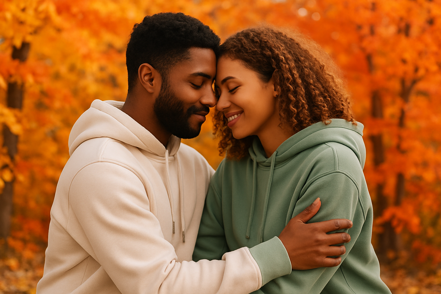 Show mixed race man and woman cuddling outdoors in fall foliage, both wearing hoodies one white one light green facing each other
